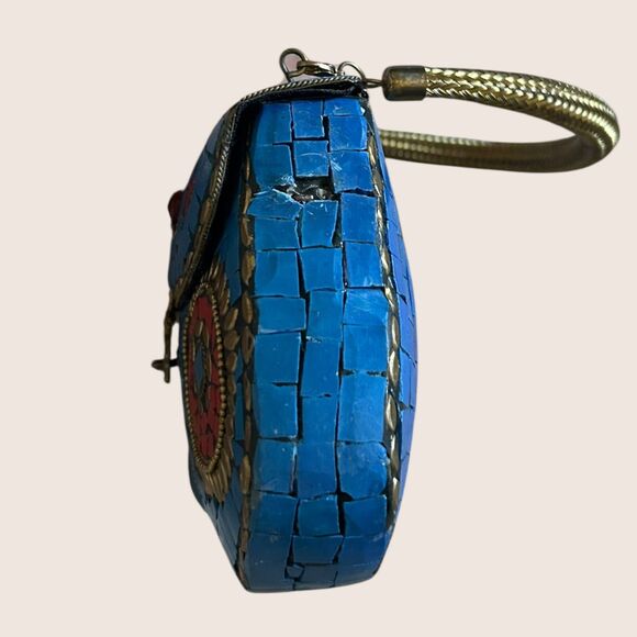 💙 VTG HIMALAYAN TIBETAN HANDMADE MOSAIC CLUTCH DETACHABLE SHOULDER CHAIN BLUE - Picture 8 of 11